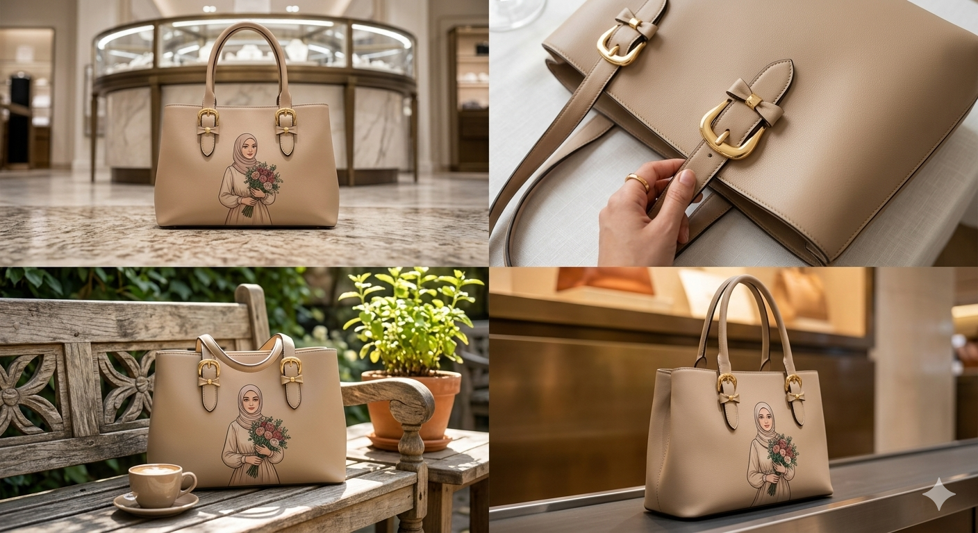 Stylish Hijabi Girl Printed Gray Synthetic Leather Handbag