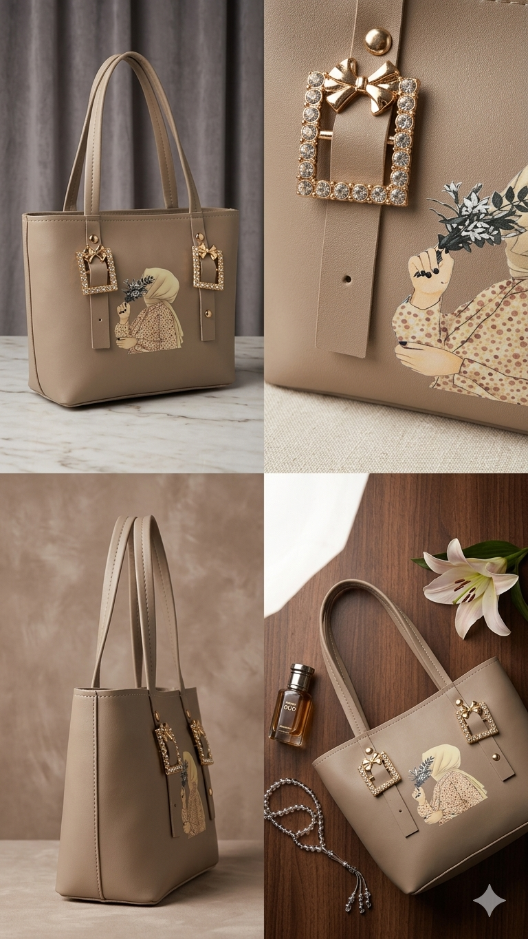 Stylish Hijabi Girl Printed Gray Synthetic Leather Handbag