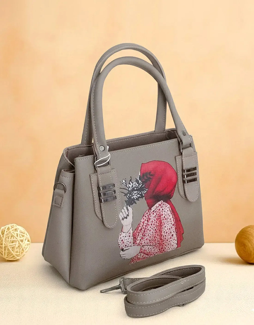 Stylish Hijabi Girl Printed Gray Synthetic Leather Handbag