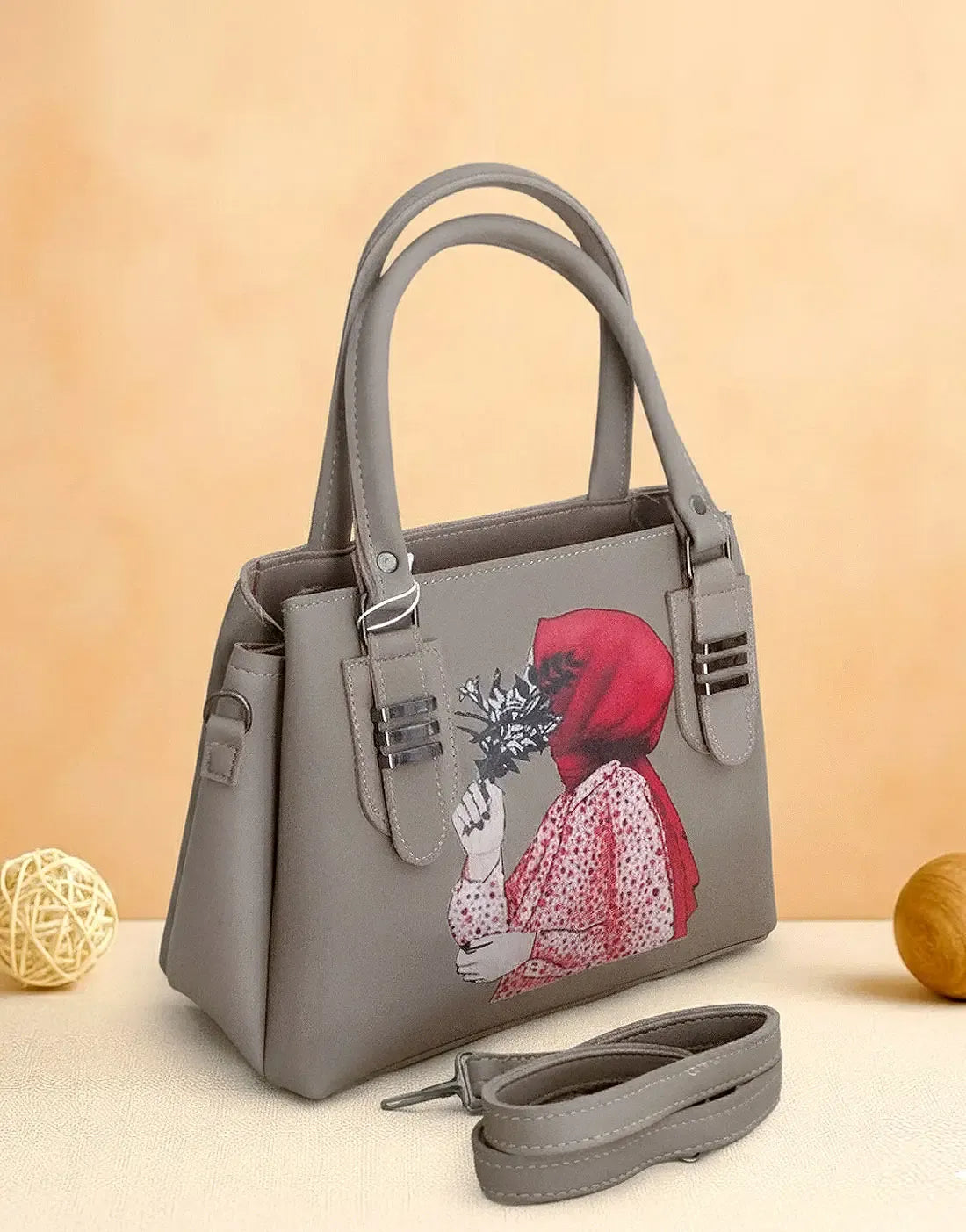 Stylish Hijabi Girl Printed Gray Synthetic Leather Handbag
